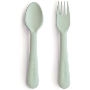 image:imagemushie Dinnerware Cups For Kids  Made in Denmark Set of 2 Dusty RoseSage ForkSpoon